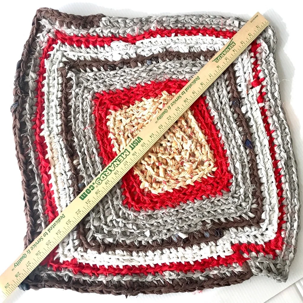 Handmade crocheted rag rug kitchen bedroom bathroom mat 21” swirly edges square